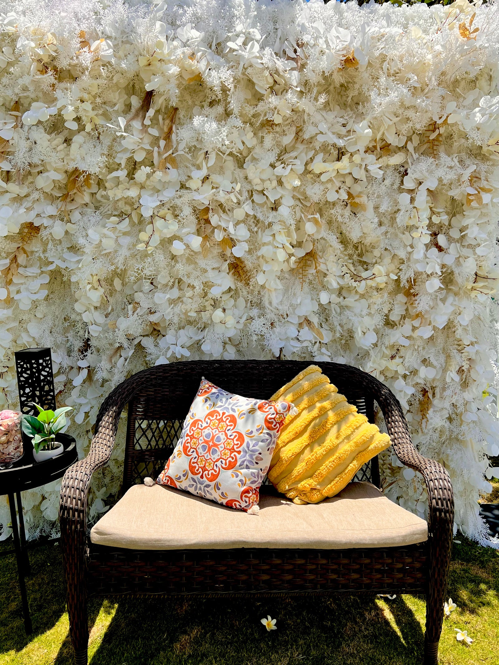 Bohemian-Chic Elegance: Bohemian Floral Wall in Creams, Whites, and Gilded Accents Flower Wall