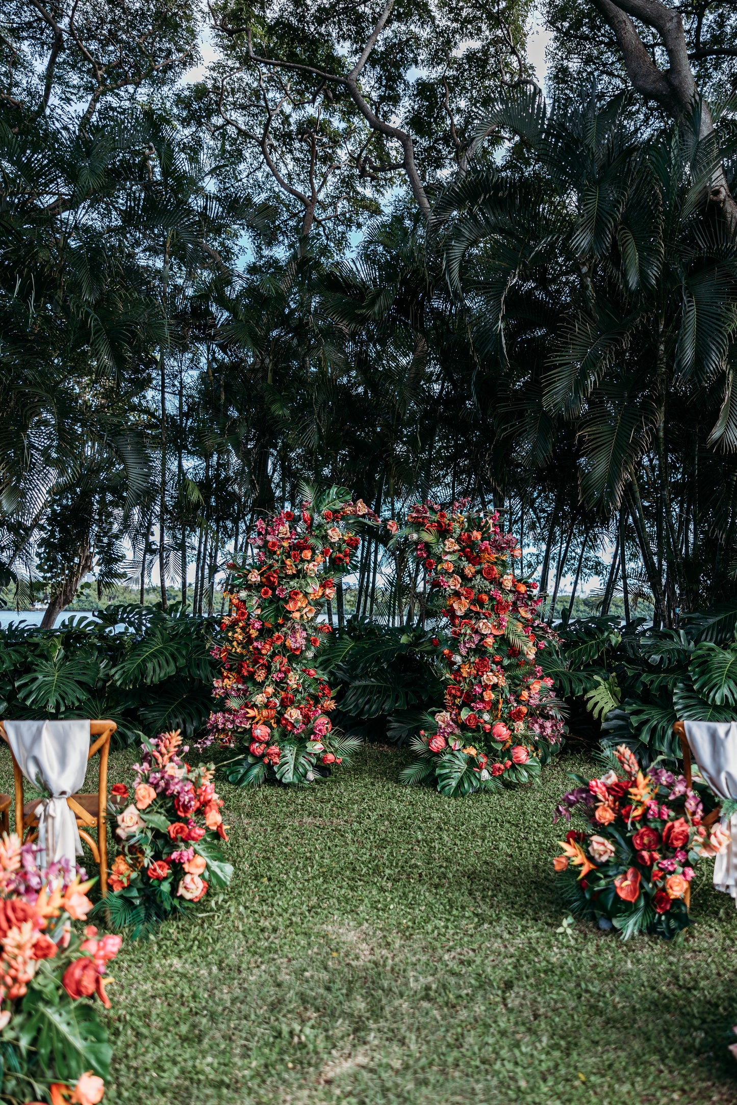 Aloha Tropical Floral Pillars;  Hawaii Wedding Arch Rental