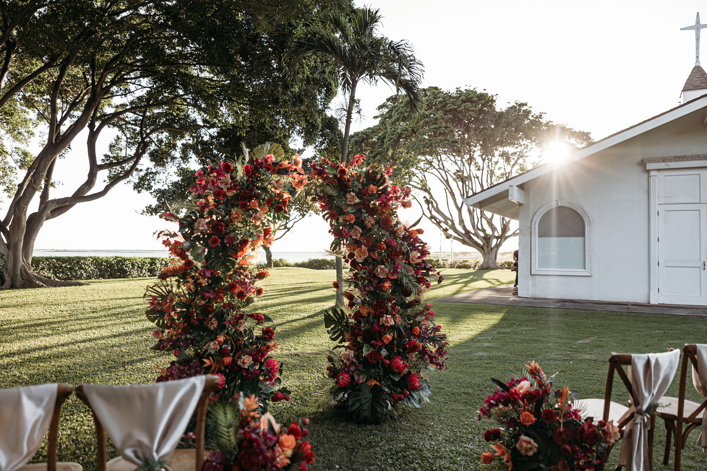 Aloha Tropical Floral Pillars;  Hawaii Wedding Arch Rental