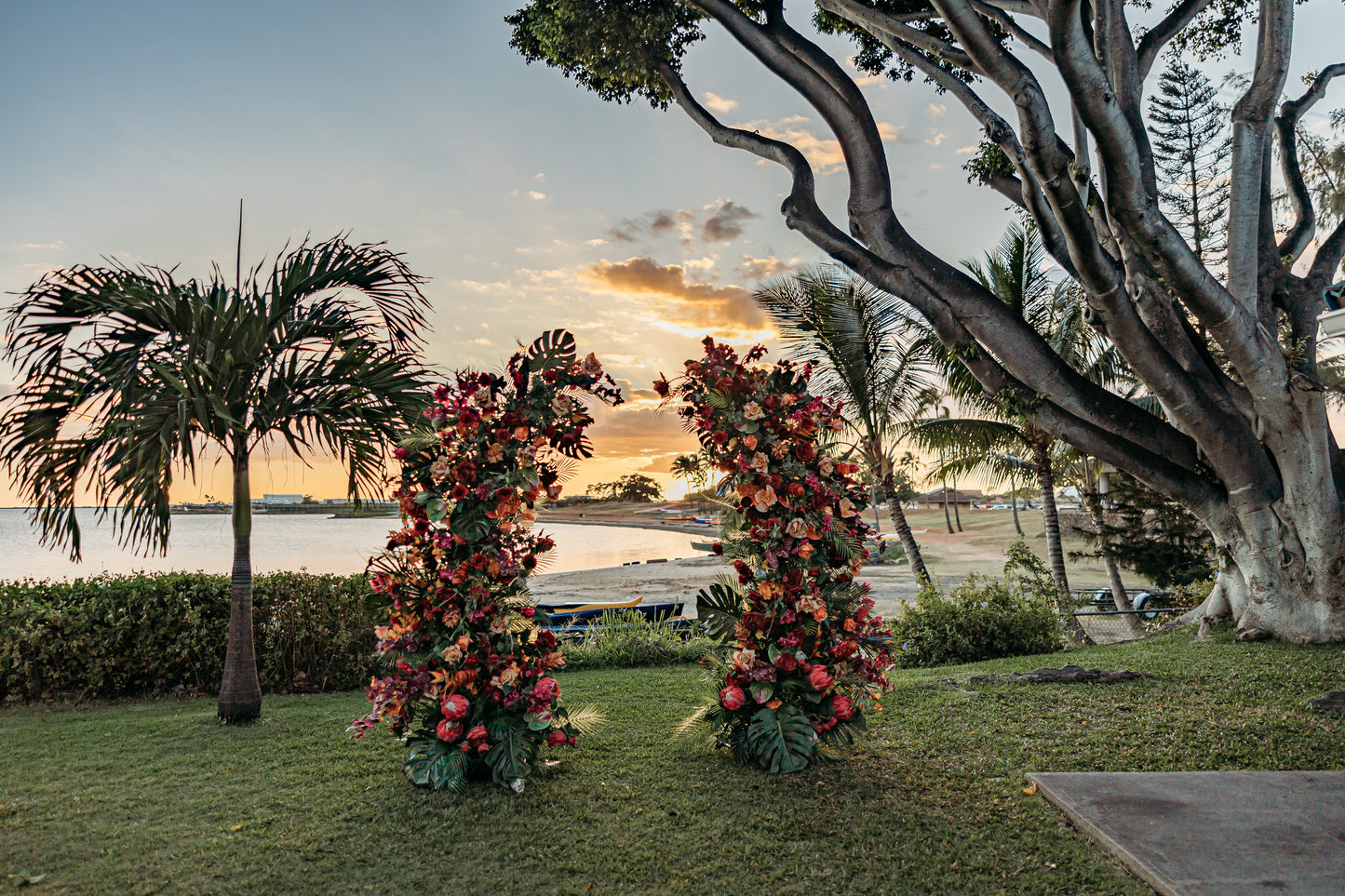 Aloha Tropical Floral Pillars;  Hawaii Wedding Arch Rental