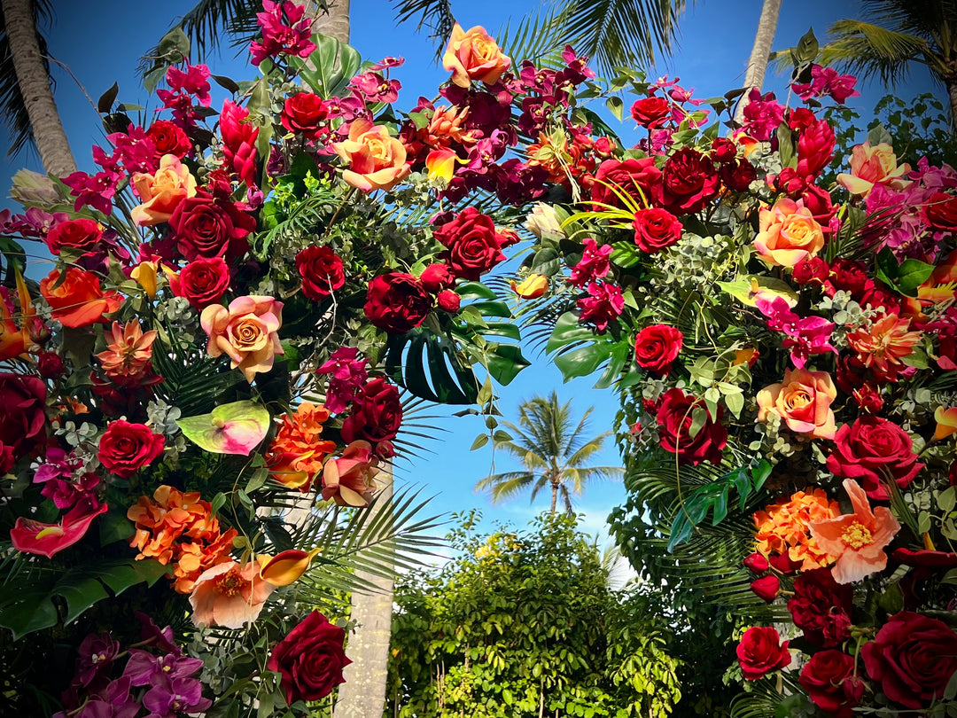 Aloha Tropical Floral Pillars;  Vibrant tropical wedding floral pillars for luxury Oahu elopement