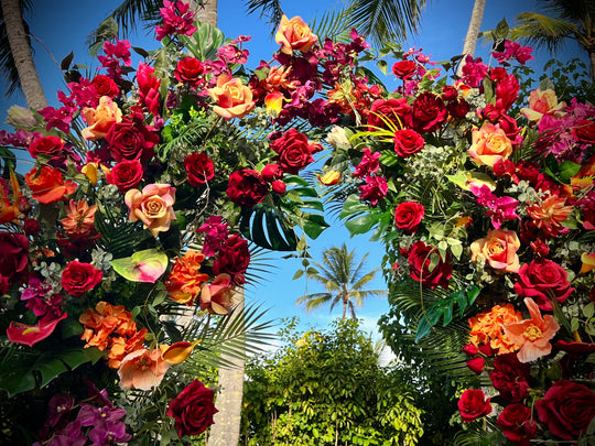 Aloha Tropical Floral Pillars;  Vibrant tropical wedding floral pillars for luxury Oahu elopement