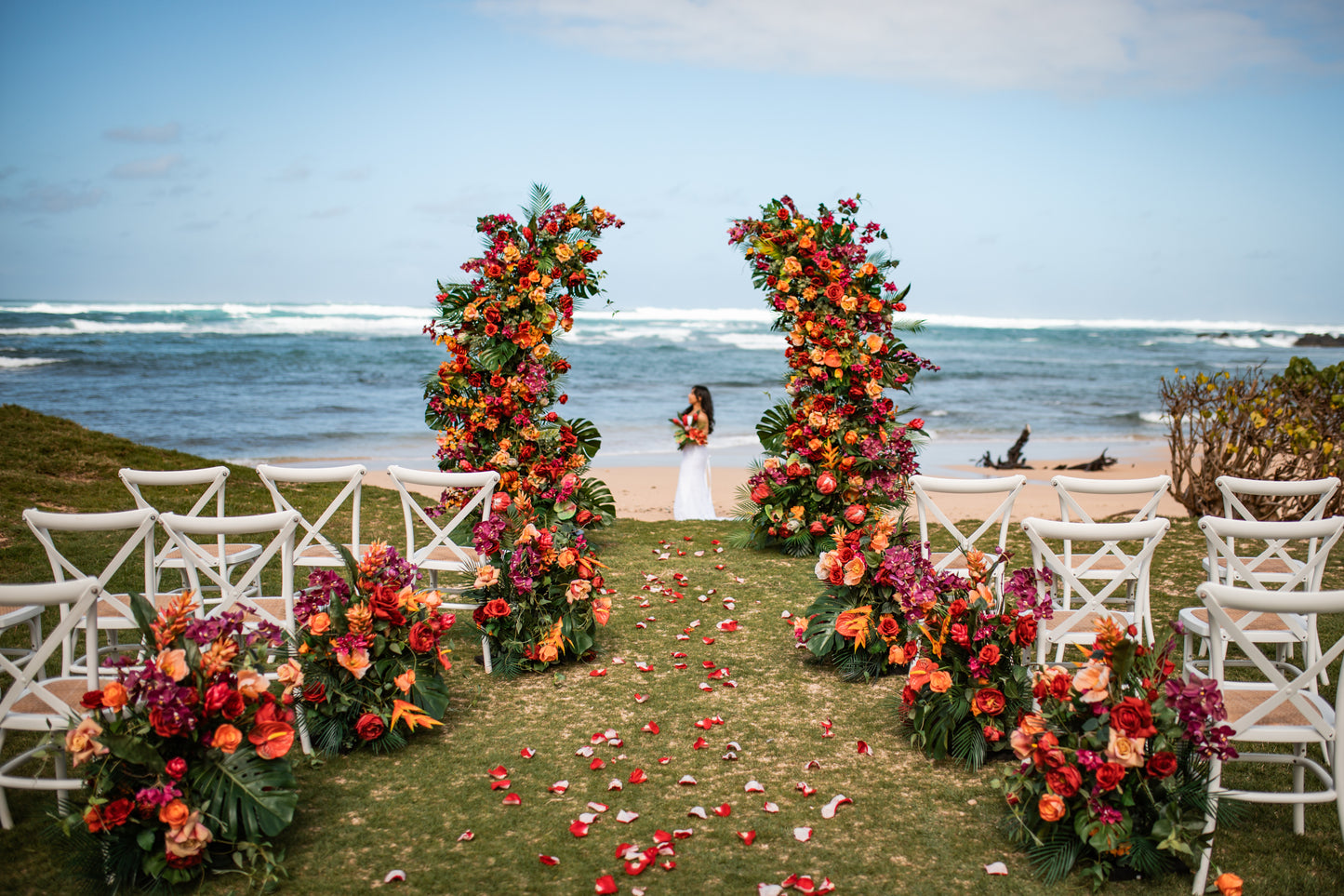 Aloha Tropical Floral Pillars;  Hawaii Wedding Arch Rental