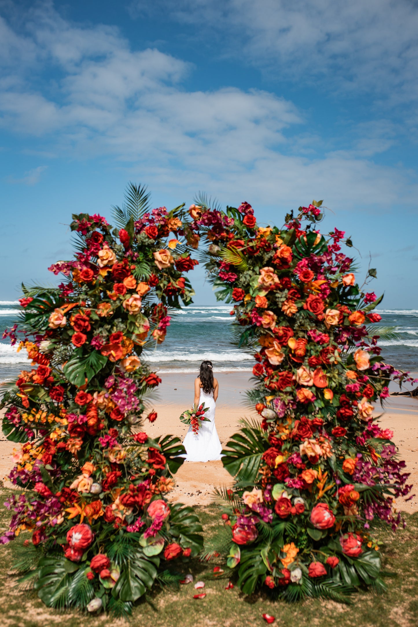Aloha Tropical Floral Pillars;  Hawaii Wedding Arch Rental
