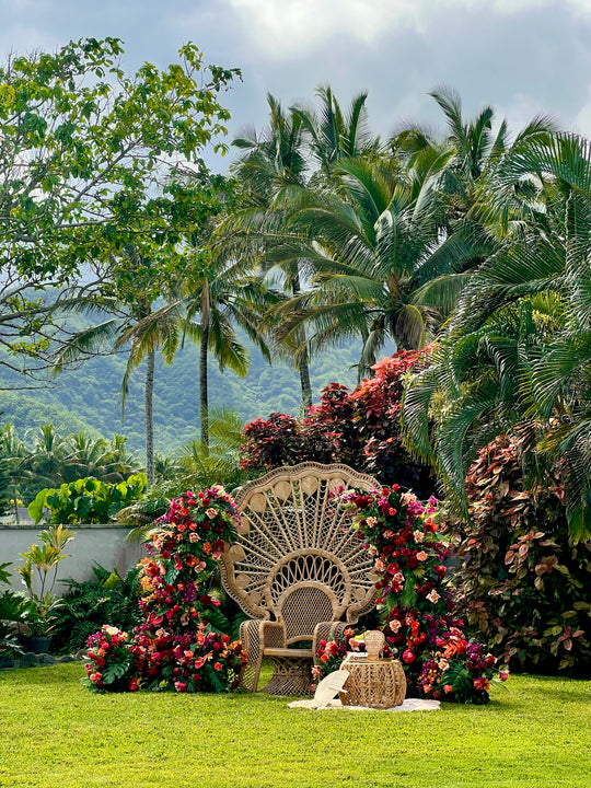 Aloha Tropical Floral Pillars;  Vibrant tropical wedding floral pillars for luxury Oahu elopement